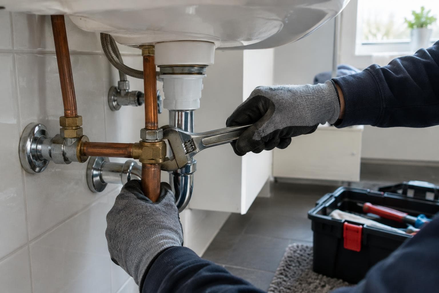 Rørlegger strammer koblinger under en servant